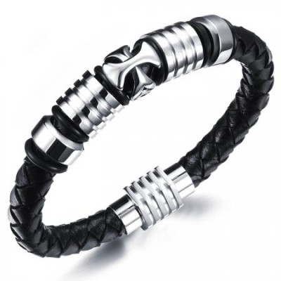 Мъжка кожена гривна с кръстче Silver Flame SW042L