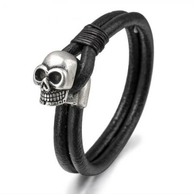 Мъжка кожена гривна с череп Silver Flame 
SW130L
