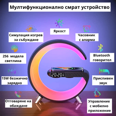 Мултифункционално смарт устройство - лампа, безжично зарядно за телефон, часовник, високоговорител GLMULTI01 Мултифункционално смарт устройство - лампа, безжично зарядно за телефон, часовник, високоговорител