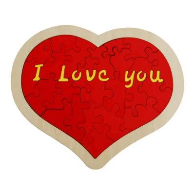 Дървен пъзел Сърце с надпис I Love You - 24 части