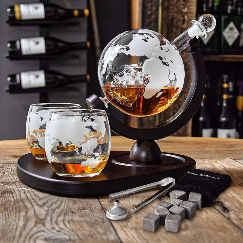 Глобус-декантер Mikamax - Globe Decanter Set Deluxe, с 2x уиски чаши и поставка