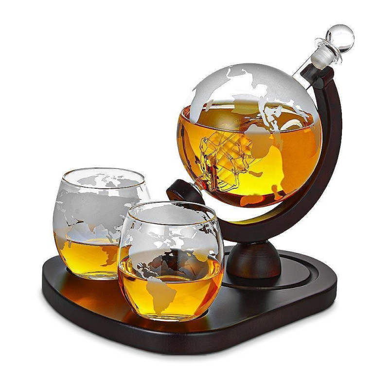 Глобус-декантер Mikamax - Globe Decanter Set Deluxe, с 2x уиски чаши и поставка