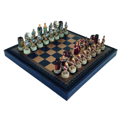 Италиански комплект шах и табла Italfama - Greeks vs Romans, кожена кутия, 35 x 35 см