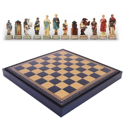 Италиански комплект шах и табла Italfama - Greeks vs Romans, кожена кутия, 35 x 35 см