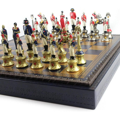 Италиански комплект шах и табла Italfama - Наполеон, кожена кутия, 35 x 35 x 4 см