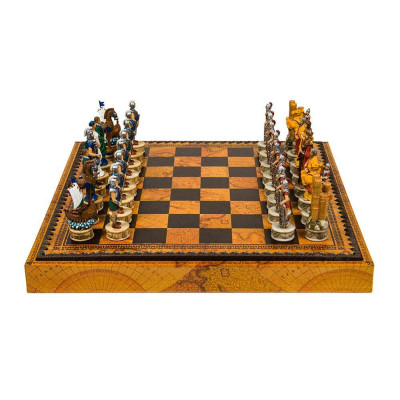 Италиански комплект шах и табла Italfama - Троянската война, кожена кутия, 35 х 35 см