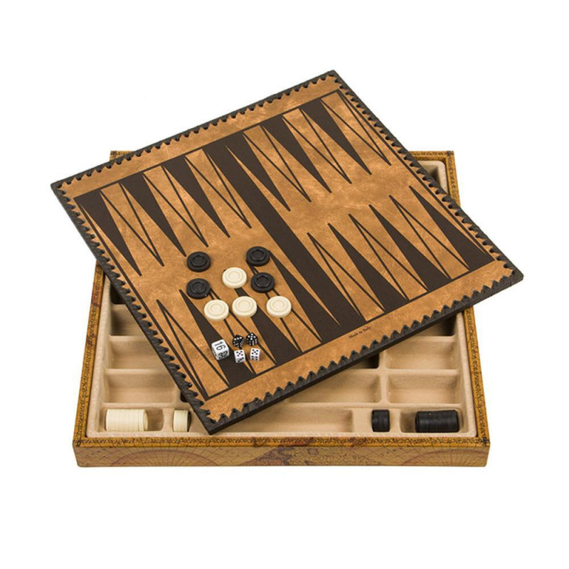 Италиански комплект шах и табла Italfama - Троянската война, кожена кутия, 35 х 35 см