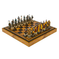 Италиански комплект шах и табла Italfama - Троянската война, кожена кутия, 35 х 35 см