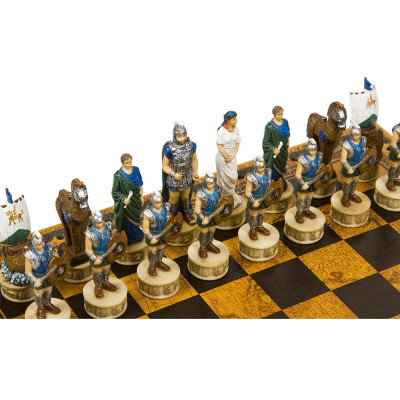 Италиански комплект шах и табла Italfama - Троянската война, кожена кутия, 35 х 35 см