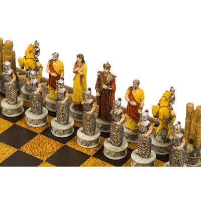 Италиански комплект шах и табла Italfama - Троянската война, кожена кутия, 35 х 35 см