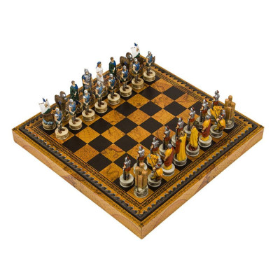 Италиански комплект шах и табла Italfama - Троянската война, кожена кутия, 35 х 35 см