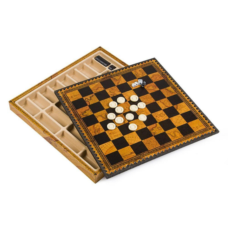 Италиански комплект шах и табла Italfama - Троянската война, кожена кутия, 35 х 35 см
