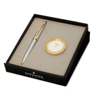 Комплект Sheaffer - химикалка 100 Bright Chrome и настолен часовник