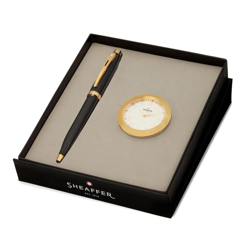 Комплект Sheaffer - химикалка 100 Glossy Black с настолен часовник