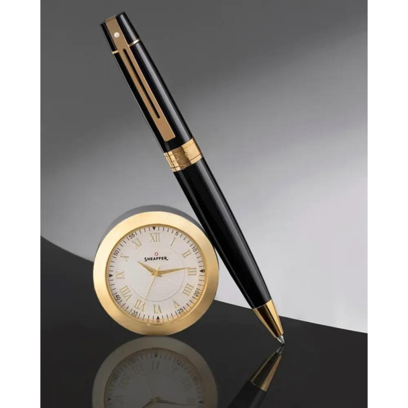 Комплект Sheaffer - химикалка 300 Glossy Black и настолен часовник
