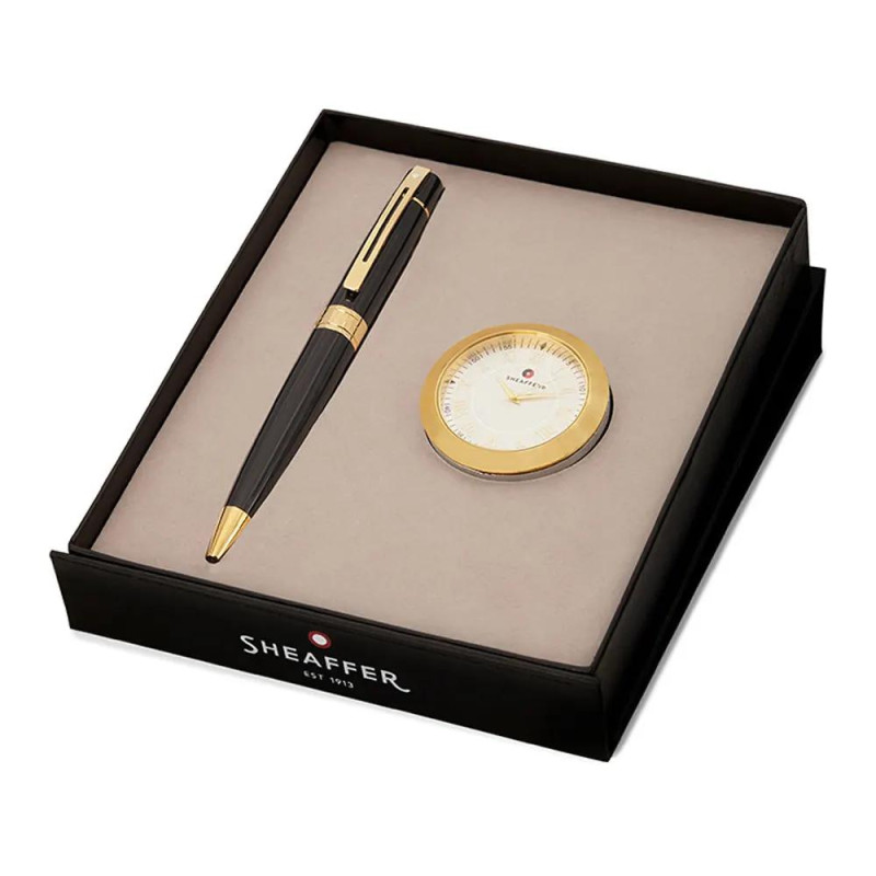 Комплект Sheaffer - химикалка 300 Glossy Black и настолен часовник