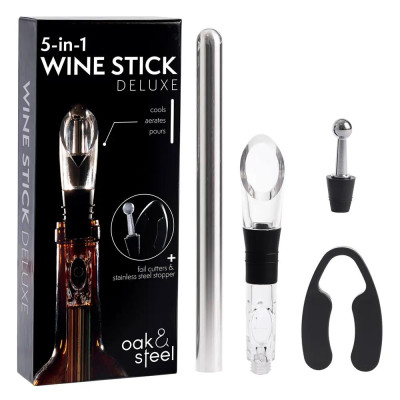 Комплект за вино Oak&Steel - 5in1 Wine Stick Deluxe, стик, тапа, аератор, резачка