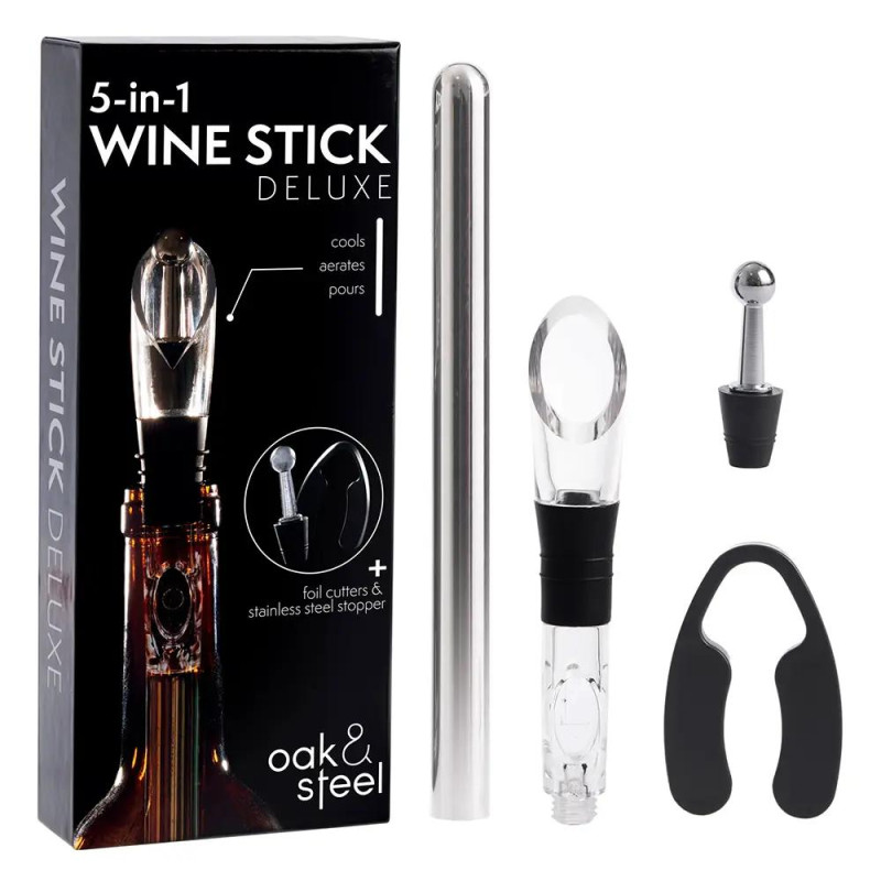 Комплект за вино Oak&Steel - 5in1 Wine Stick Deluxe, стик, тапа, аератор, резачка