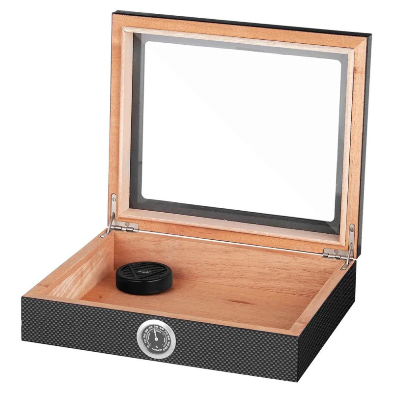 Кутия за пури (хумидор) Angelo, прозрачен капак, с влагомер и овлажнител, карбонова текстура