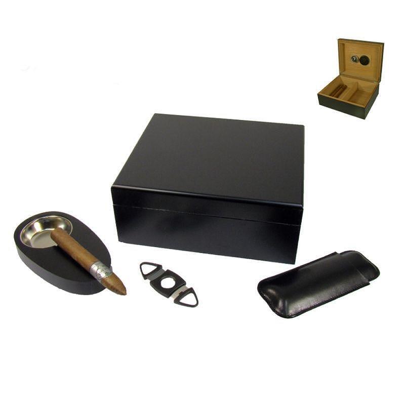 Кутия за пури (хумидор) Angelo, с пепелник, резачка и калъф за пури, черна