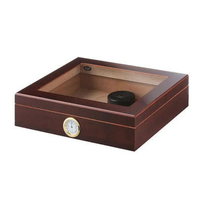 Кутия за пури (хумидор) Angelo, с влагомер и овлажнител, стъклен капак, махагон