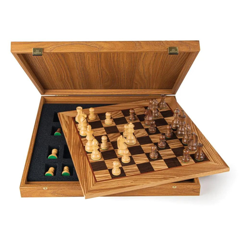 Луксозен ръчно изработен шах Manopoulos Olive Burl, 40x40 см, с фигури Staunton