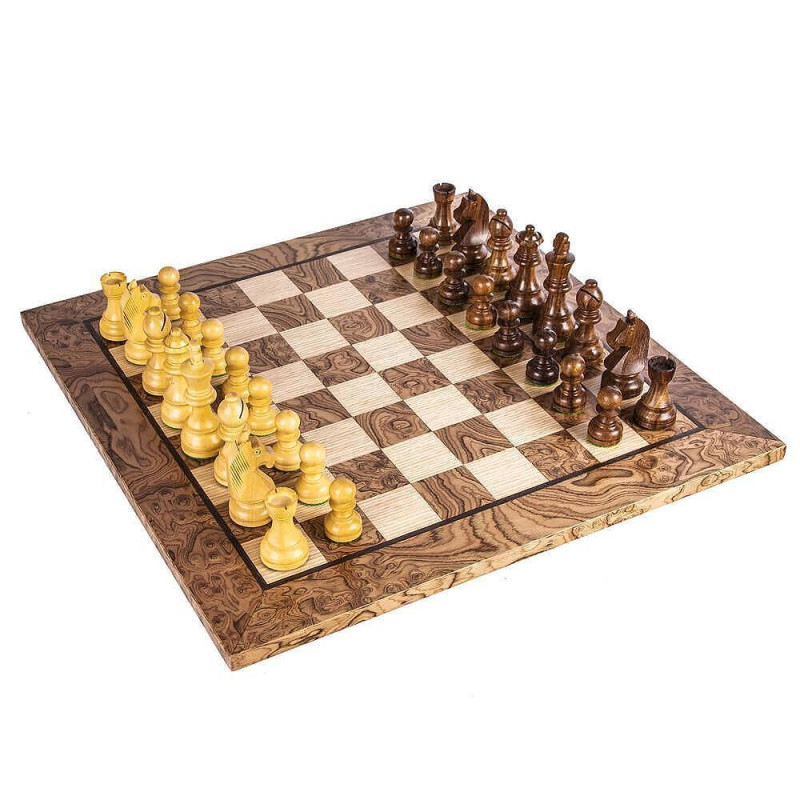 Луксозен ръчно изработен шах Manopoulos Walnut Burl, 40x40 см, с фигури Staunton