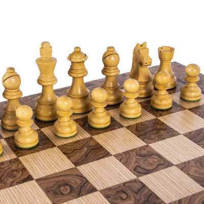 Луксозен ръчно изработен шах Manopoulos Walnut Burl, 40x40 см, с фигури Staunton