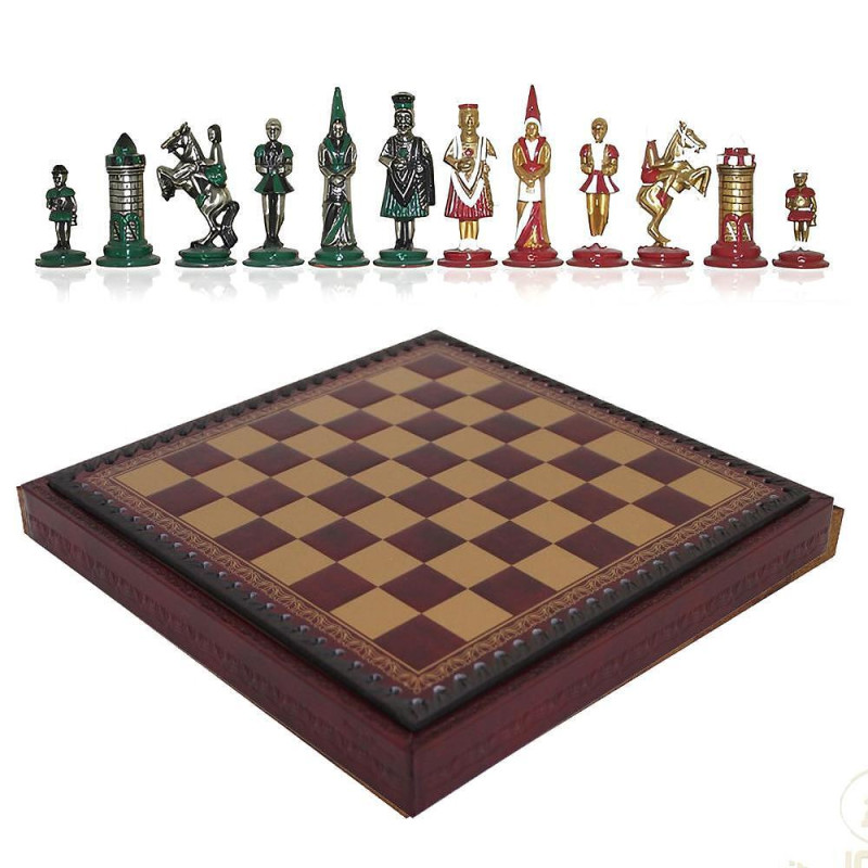 Луксозен шах Italfama - Camelot, метални фигури, кожено игрално поле, 28 х 28 см
