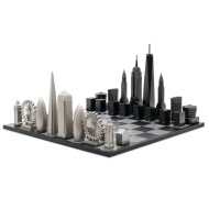 Луксозен шах Skyline Chess - Stainless Steel London vs New York Edition, с дървена дъска