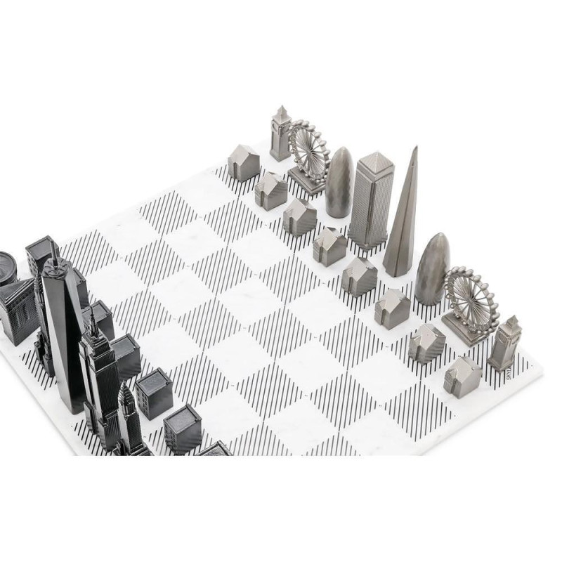 Луксозен шах Skyline Chess - Stainless Steel London vs New York Edition, с мраморна дъска