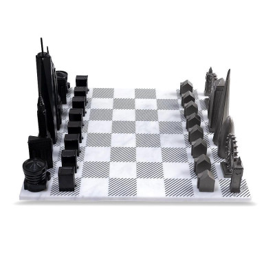 Луксозен шах Skyline Chess - Stainless Steel London vs New York Edition, с мраморна дъска