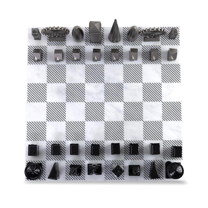 Луксозен шах Skyline Chess - Stainless Steel London vs New York Edition, с мраморна дъска