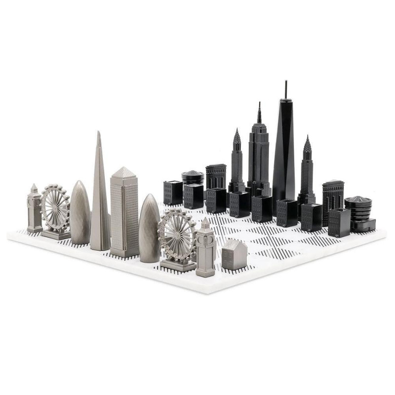 Луксозен шах Skyline Chess - Stainless Steel London vs New York Edition, с мраморна дъска