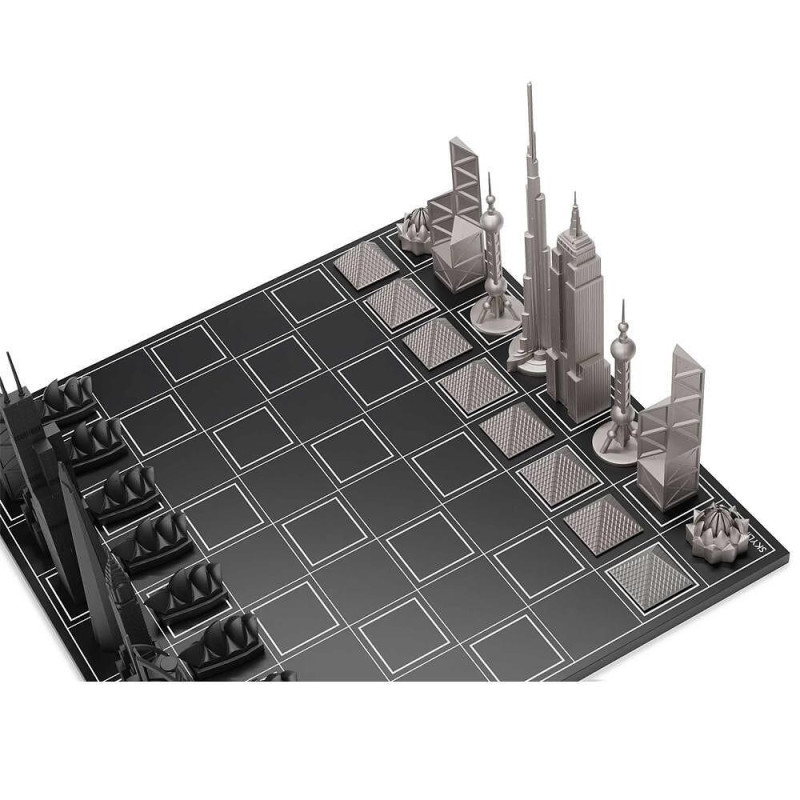Луксозен шах Skyline Chess - Stainless Steel World Icons Edition, с дървена дъска