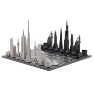 Луксозен шах Skyline Chess - Stainless Steel World Icons Edition, с дървена дъска