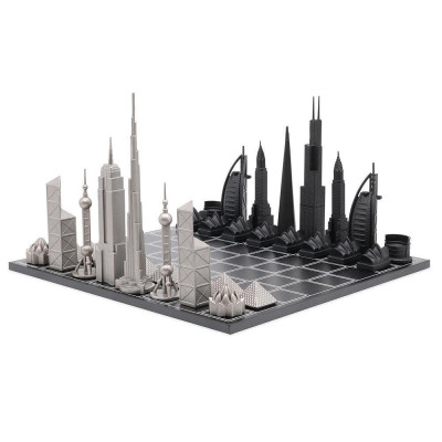 Луксозен шах Skyline Chess - Stainless Steel World Icons Edition, с дървена дъска