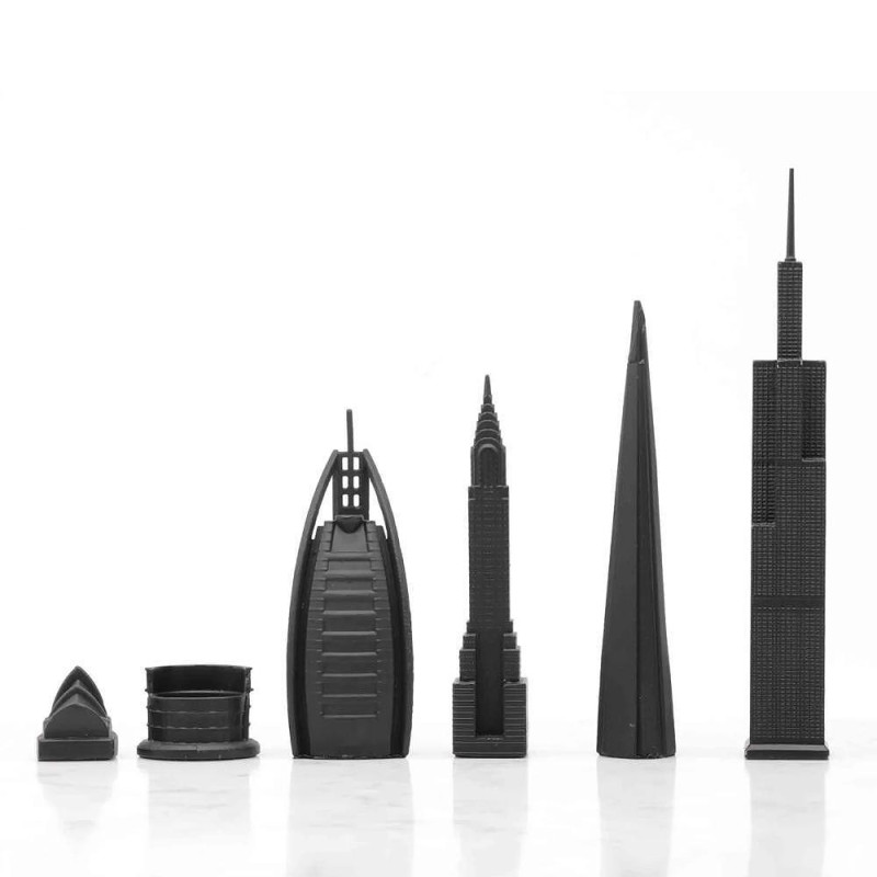 Луксозен шах Skyline Chess - Stainless Steel World Icons Edition, с мраморна дъска