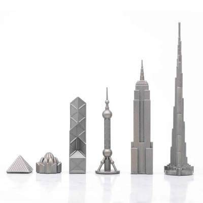 Луксозен шах Skyline Chess - Stainless Steel World Icons Edition, с мраморна дъска