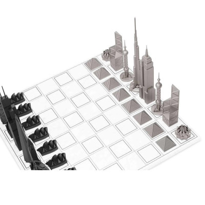 Луксозен шах Skyline Chess - Stainless Steel World Icons Edition, с мраморна дъска