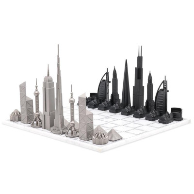 Луксозен шах Skyline Chess - Stainless Steel World Icons Edition, с мраморна дъска