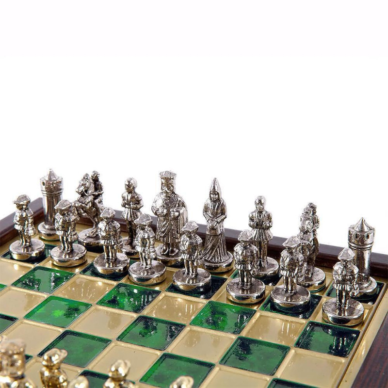 Мини луксозен шах Manopoulos - Византийска империя, зелени полета, 20х20 см