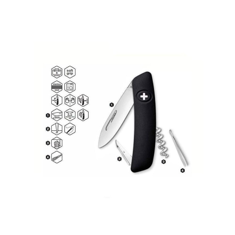Швейцарско ножче SWIZA - D01, 7.5см острие, 6x функции, черно