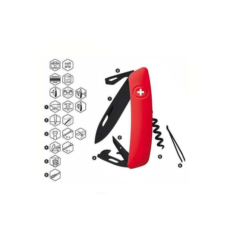 Швейцарско ножче SWIZA - D03, 7.5см острие, 11x функции, черно-червено