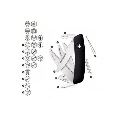 Швейцарско ножче SWIZA - D09, 7.5см острие, 13x функции, черно