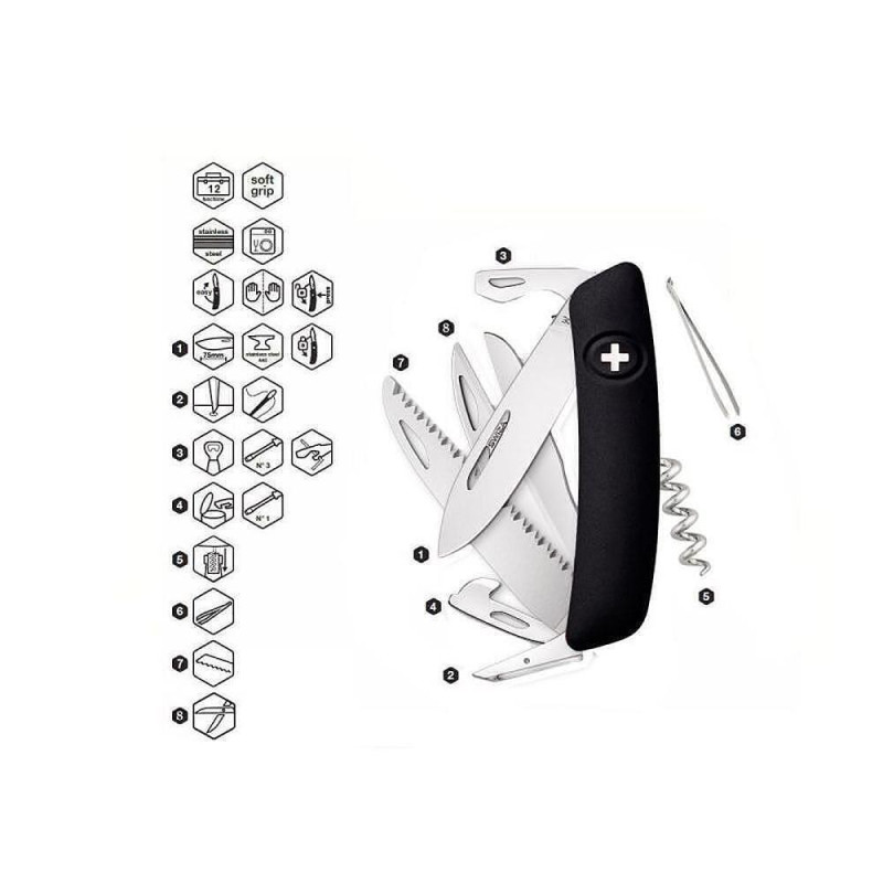 Швейцарско ножче SWIZA - D09, 7.5см острие, 13x функции, черно
