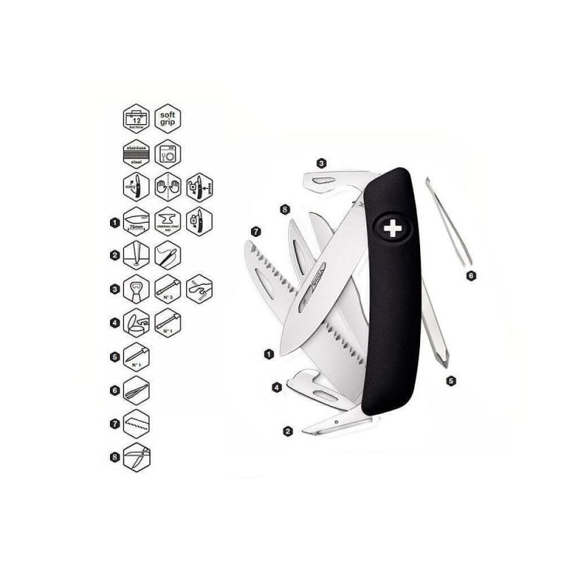 Швейцарско ножче SWIZA - D10, 7.5см острие, 13x функции, черно