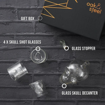 Уиски сет Oak & Steel Skull - декантер с 6 чаши за шот