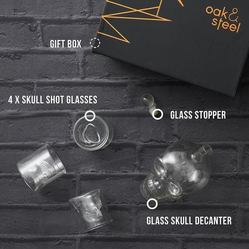 Уиски сет Oak & Steel Skull - декантер с 6 чаши за шот