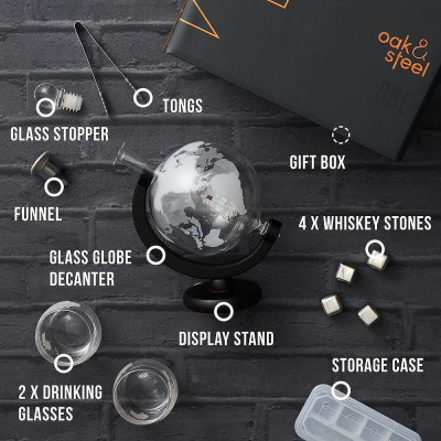 Уиски сет Oak & Steel World Globe - декантер, 2 чаши и аксесоари